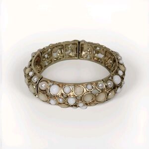 Vintage Gold Tone Bangle Bracelet Faux Pearls White Cabochons Panels Stretchy 1x